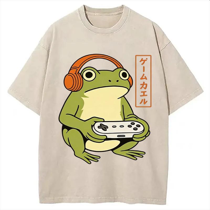 Japanese Gamer Frog Washed T-Shirt Fashion Summer Cotton Harajuku Sports Tees Y2K Vintage Holiday Tunics Unisex