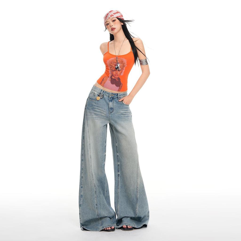 Spring Summer Light Blue High Street Design Drape Wide Leg Denim Pants For Women Casual Pants Oversize Denim Trousers