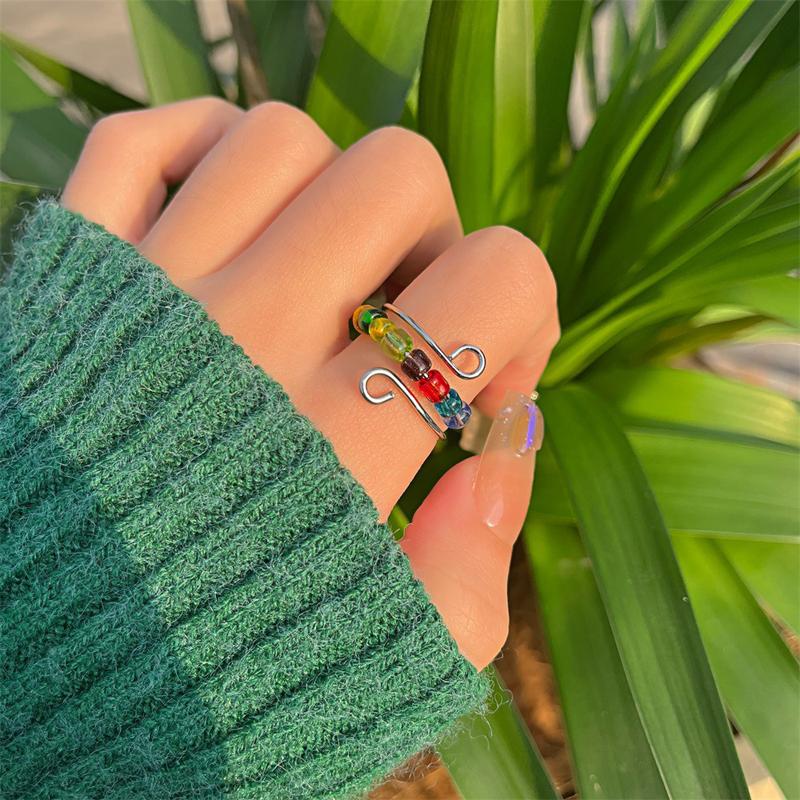 

Vintage copper Color Multi Layer Metal Opening Ring for Women Simple Colorful Beaded Adjustable Finger Ring Party Zircon Gift