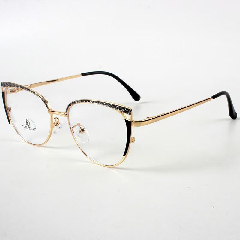 European and American new fashion anti-blue glitter glasses cat eye frame female metal personality trend versatile street shot flat mirror