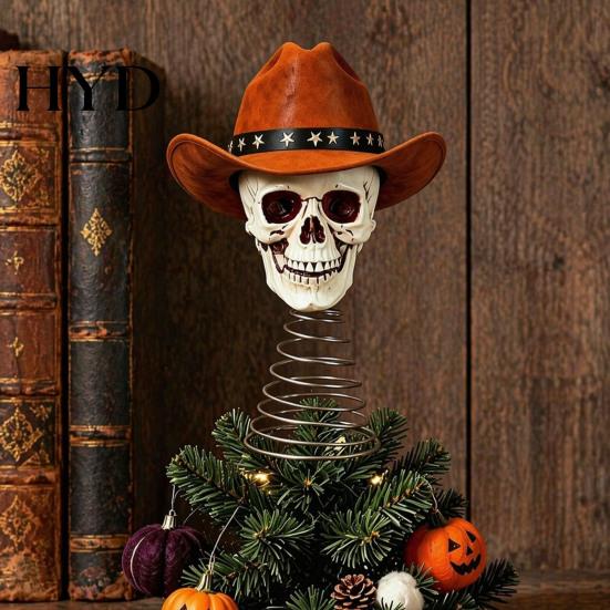 Creative Holiday Tree Topper Gothic Skull with Cowboy Hat, Vintage Western Christmas Skeleton Ornament for Halloween, Spooky Top Decoration Decorative
