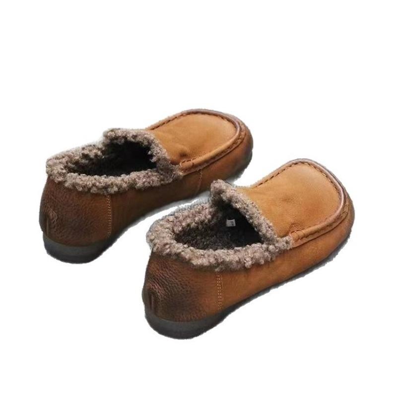 Doudou shoes women's winter velvet warm snow boots fluffy soles retro one-pedal round head flat cotton shoes