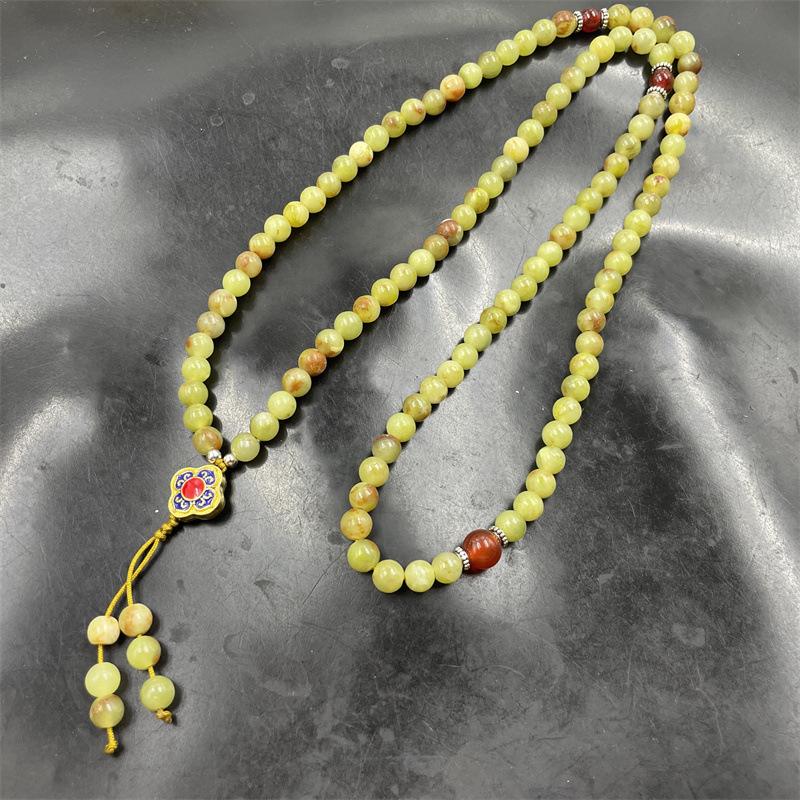 Xiuyan Jade Bead Bracelet: 108 Natural Saffron Jade Beads Buddhist Prayer Sweater Chain