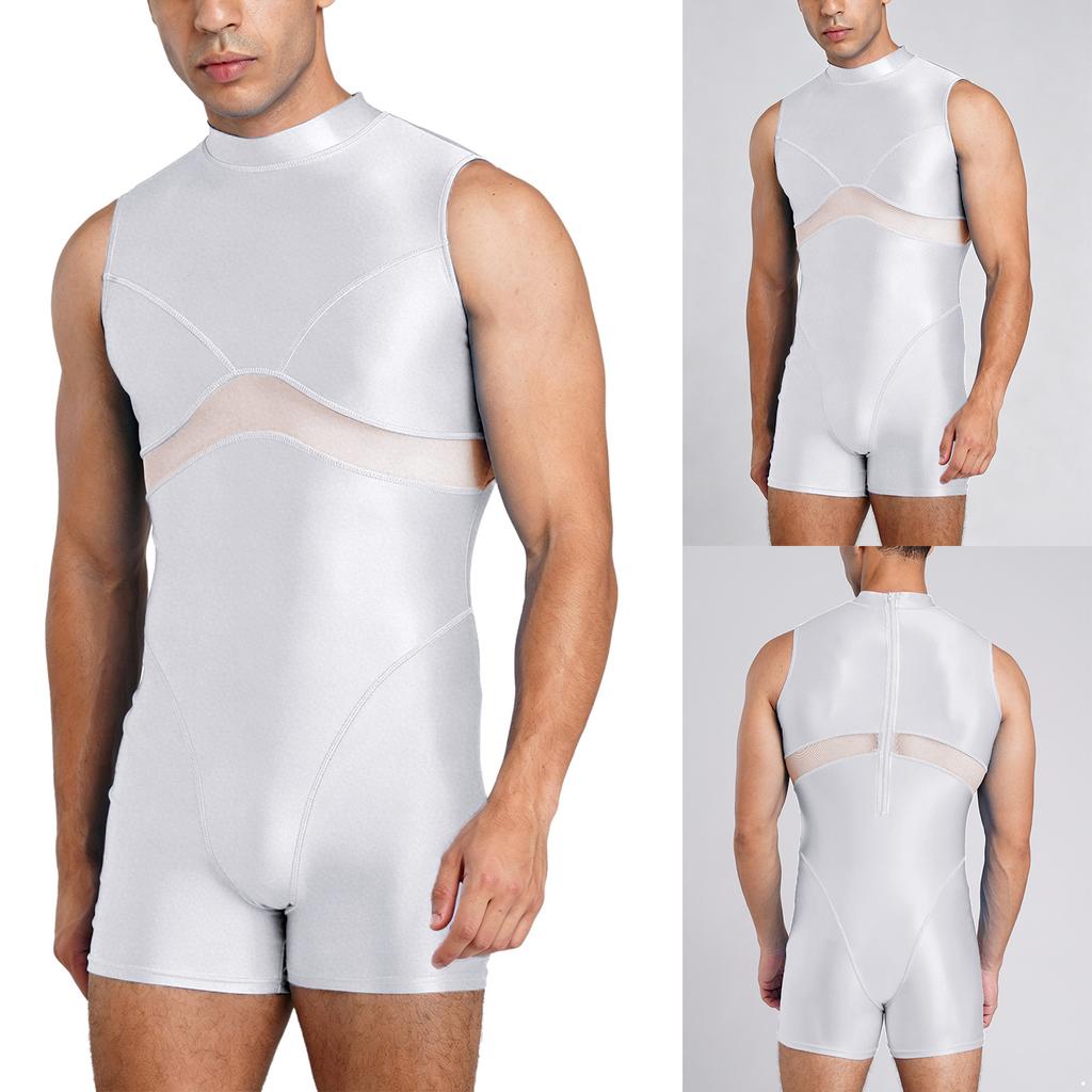 Men Yoga Sportswear Bodysuit Oil-shiny Finish Sheer Mesh Mock Neck Sleeveless Back Zipper Boxer Bottom One Piece Swimsuit