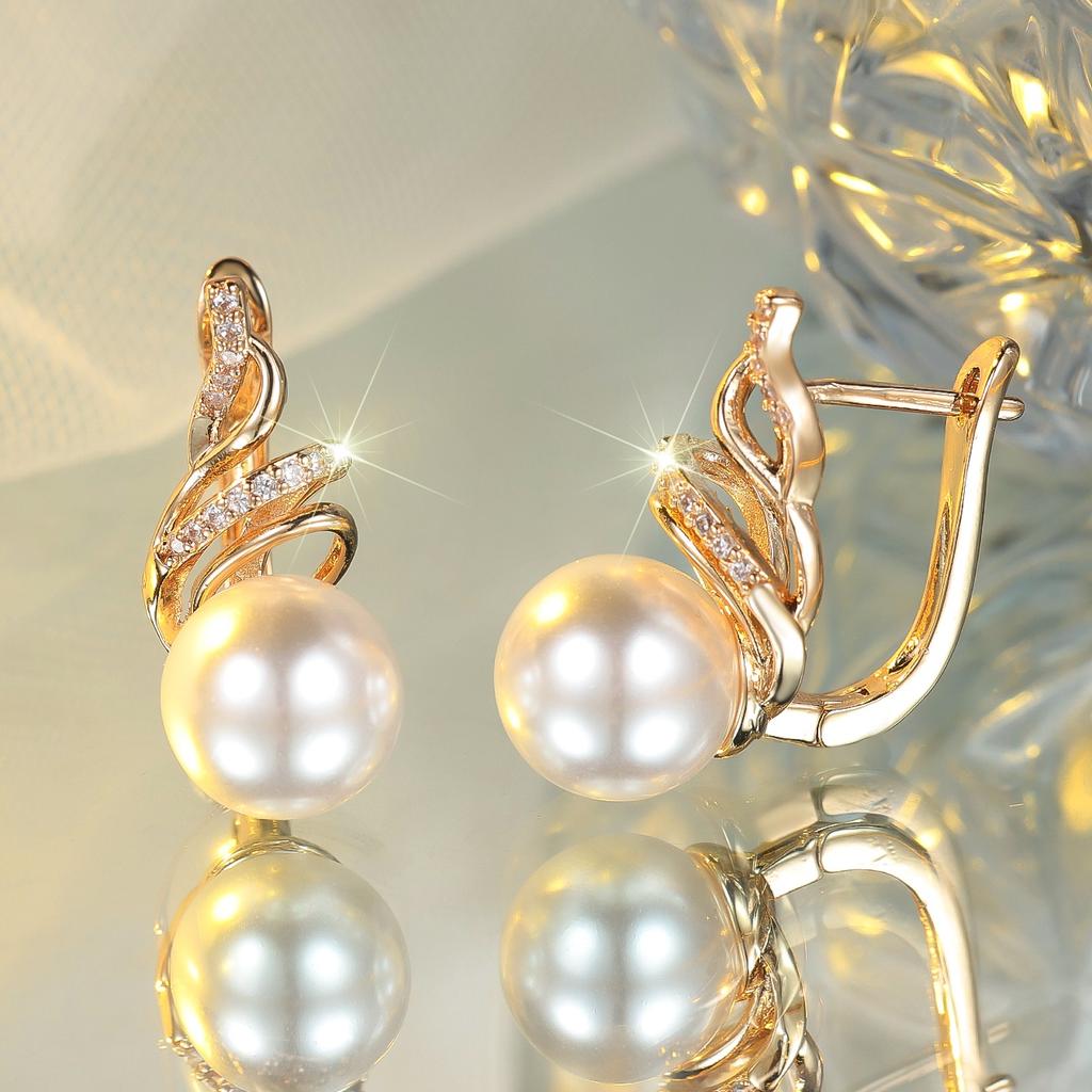 White Pearl Zircon Stone Round Hoop Earrings Luxury Female Gold Color Wedding Jewelry For Women