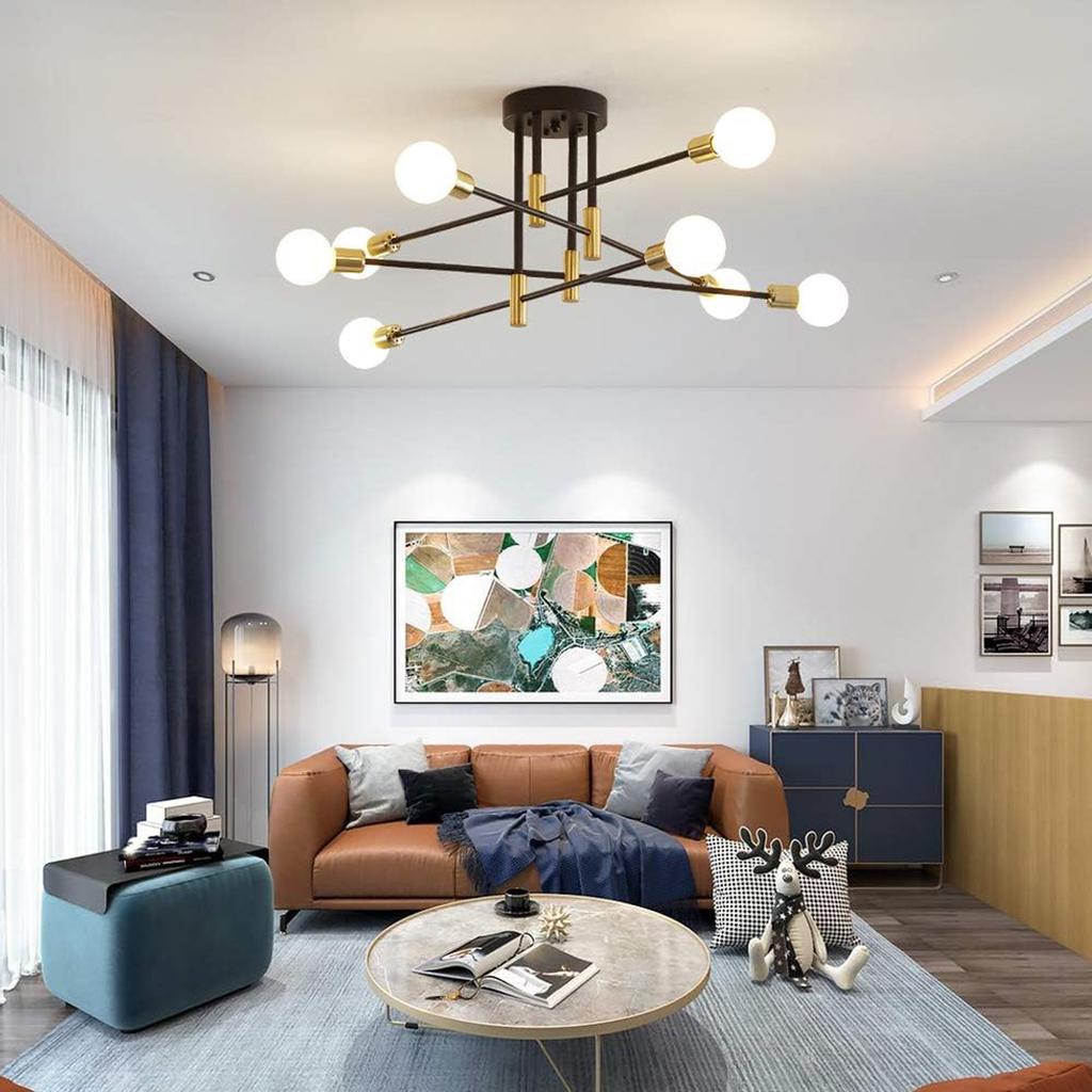 Candelabru cu 8 lumini Lampă de tavan modernă, de la mijlocul secolului, pandantiv industrial negru și auriu
