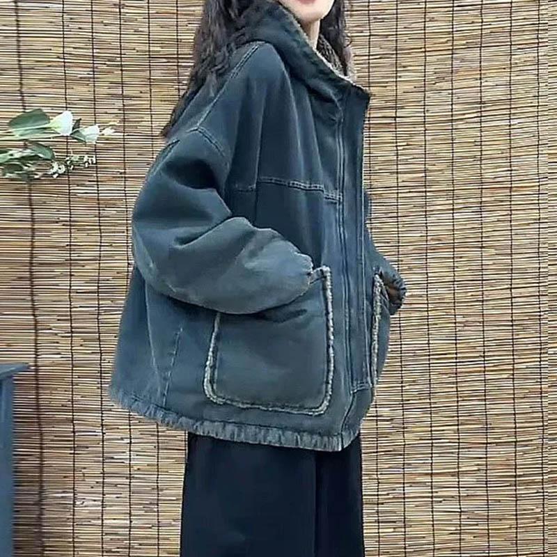 Kabát pro ženy Bavlna Zesílený Plyšový Podzim Zima Rukáv Oversize Ležérní Zip Návrat do minulosti Džínová bunda