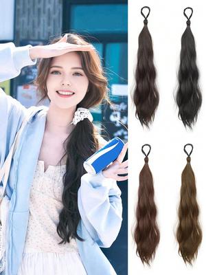 Coada de cal ondulată de 16 inci cu bandă elastică din piele de înaltă calitate pentru femei, accesorii pentru păr din fibră sintetică extensie pentru păr perfecte pentru uz zilnic