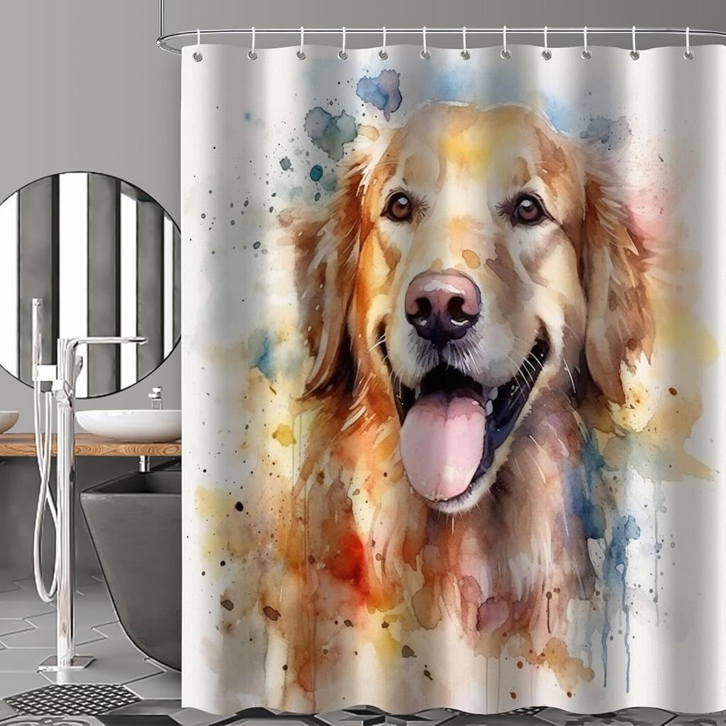 Golden Retriever Duschvorhang für Badezimmer, Hund Farbspritzer Aquarell Boho Duschvorhang Set, Abstrakt Stoff Modern