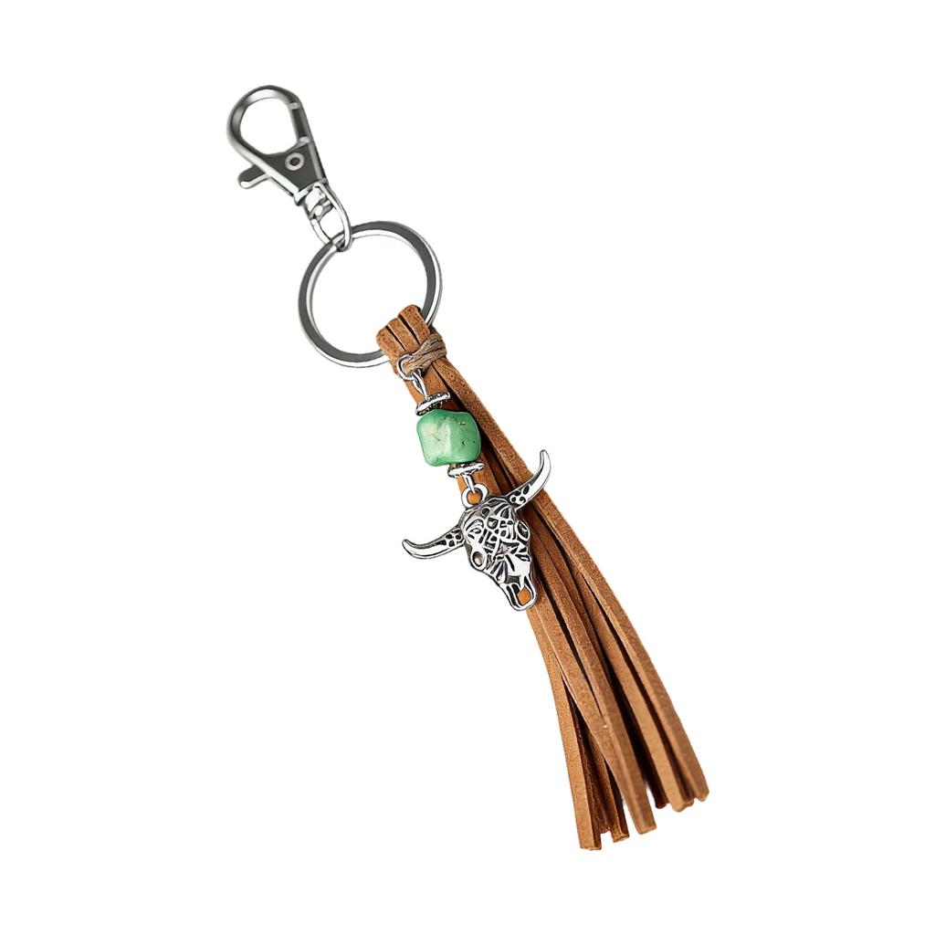 Elegant Cow Head Horseshoe Keychain Adorned With Delicate Leaves Bull Head And Stylish Fringes For Daily Use