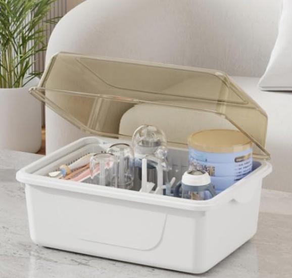 Kaiyu Hands Baby Bottle Storage Box with Drying Rack, Drainer, and Lid, Dustproof, for Baby Tableware and Supplementary Supplies, Stylish, Large