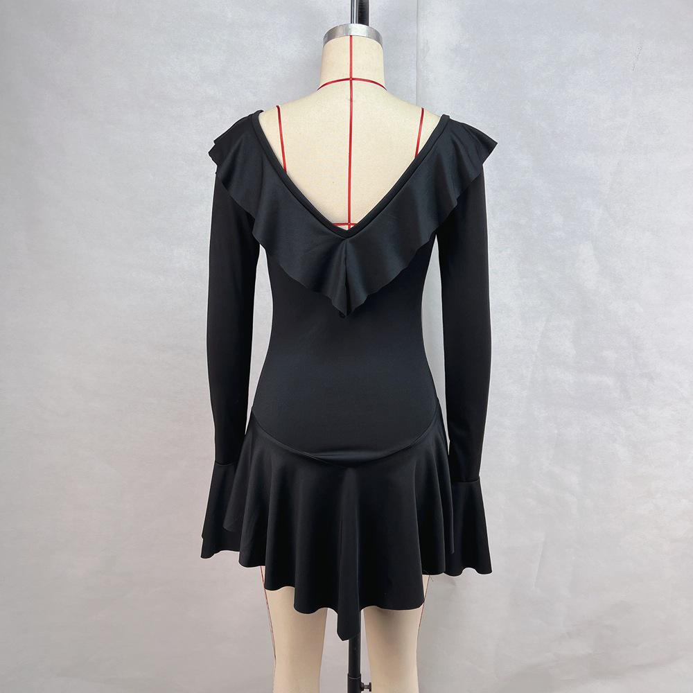 European & American Women's 2024 Ruffle Pointed Collar Bell Sleeve Tie-up Dress