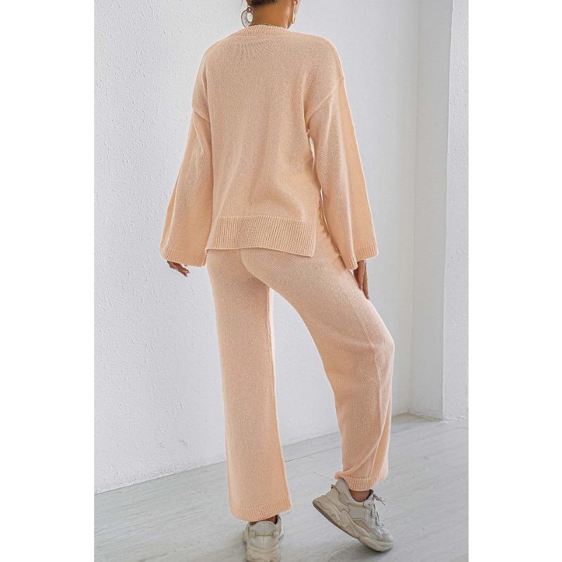 Women Loose Comfortable Solid Color Long Sleeve Sweater Wide Leg Pants Two Piece Loungewear Set