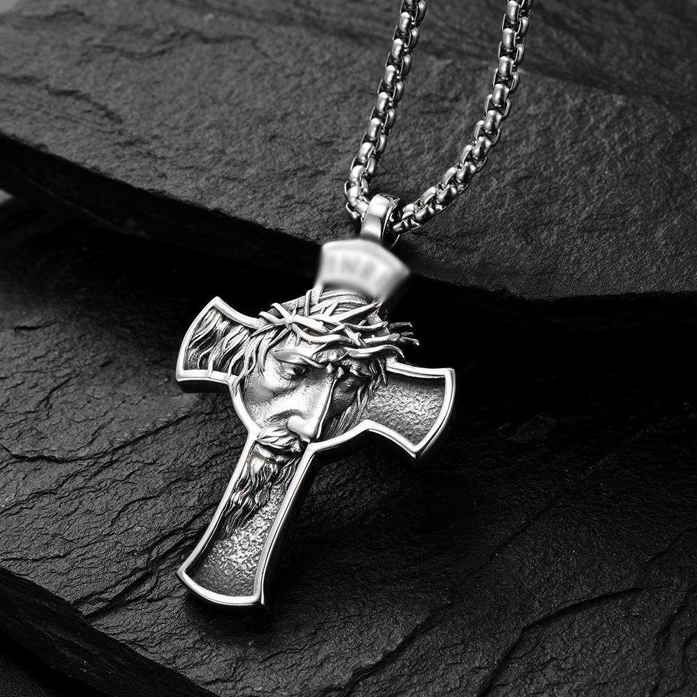 Retro Stainless Trendy Steel Portrait Cross Necklace Pendant Premium Crafted Fashion Accessory