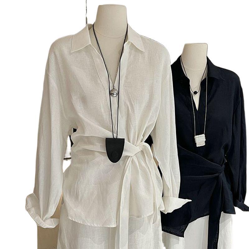 Chic Irregular Lace-Up Waist Shirt: Women's French Old Money Style Long Sleeve Top