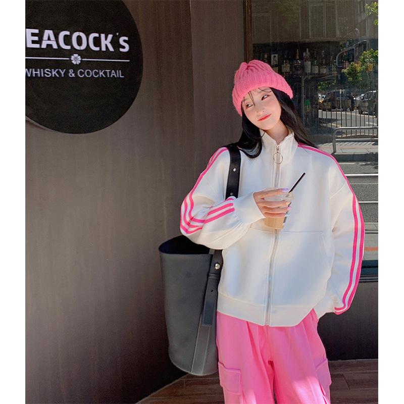 Women's Stand Collar Zip Up Jacket Loose Fit Striped Outerwear Cropped Sweatshirt