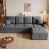 Modular L-Shaped Sofa with Freely Positionable Storage Ottoman, Double Armrest Storage, Charging Ports On Both Armrests and LED Mood Light
