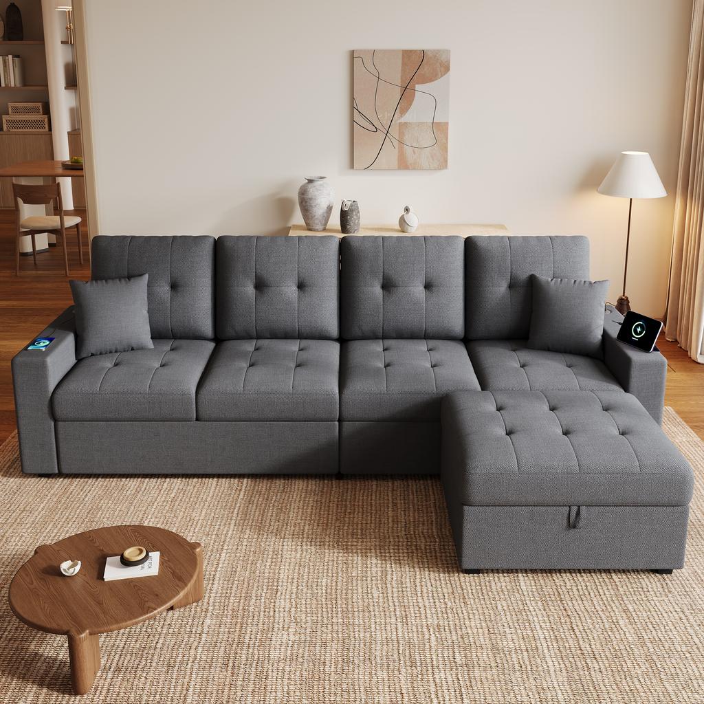 Modular L-Shaped Sofa with Freely Positionable Storage Ottoman, Double Armrest Storage, Charging Ports On Both Armrests and LED Mood Light
