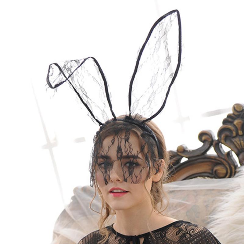 

Кружевная повязка на голову с длинными ушками, вуаль с кроличьими ушками, наряды на Хэллоуин, выпускной, нижнее белье, аксессуары 5019 one size fits all чёрный