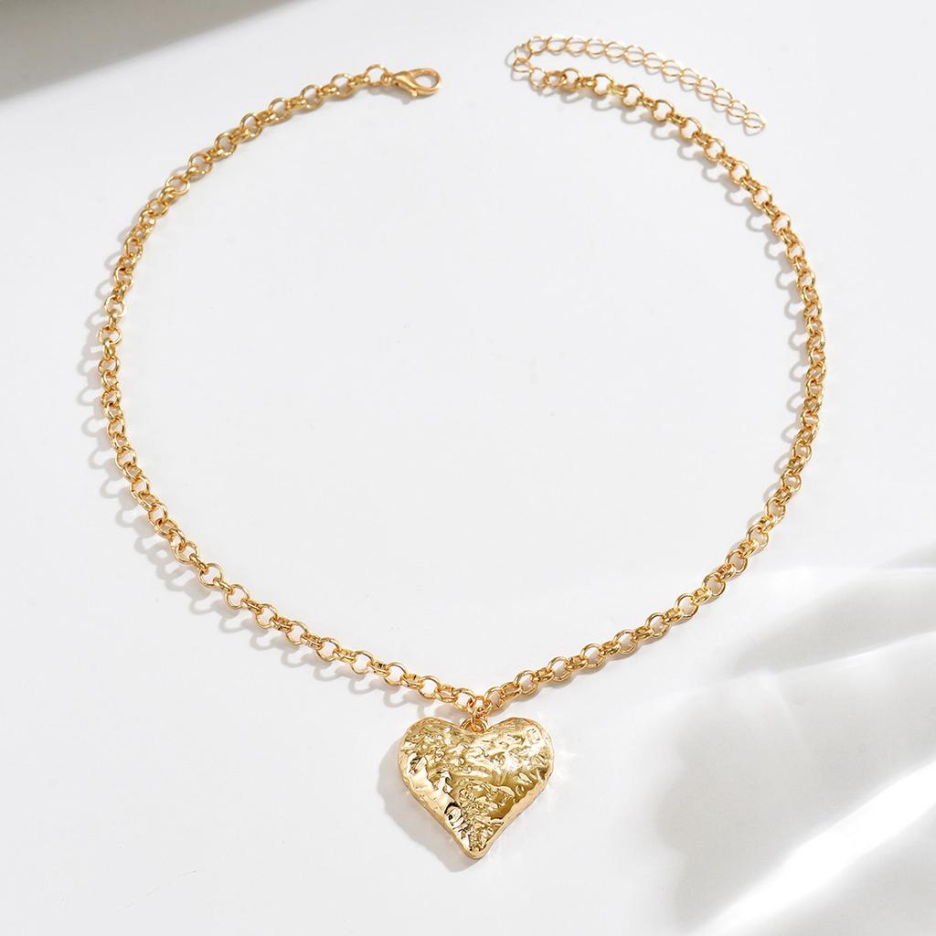 French Vintage Hammered Heart Necklace, Textured Design Clavicle Chain Jewelry
