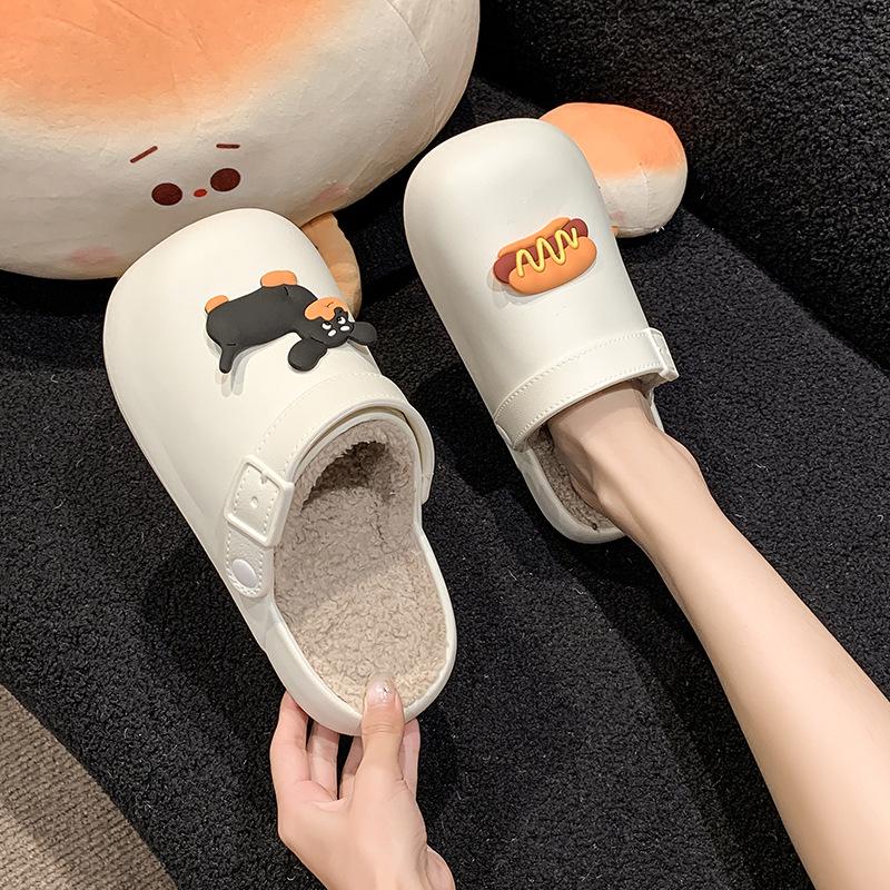 Women's Cotton Slippers: Cute Sausage Dog Design, Plus Velvet, Warm, Non-slip, Waterproof, Closed Toe for Autumn/Winter 2025.