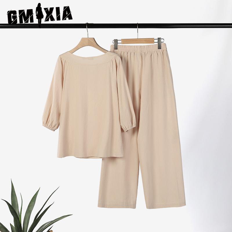 GMXIA Plus Size Women Casual Button Mid Sleeve Pocket Solid Colour Cotton V-Neck Top Pants Set