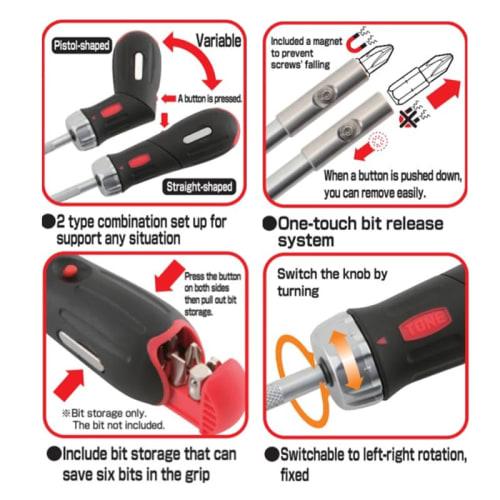 TONE Ratchet Driver Set RD10S Bit Insertion &6.35mm (1/4") Black Contents 12 items