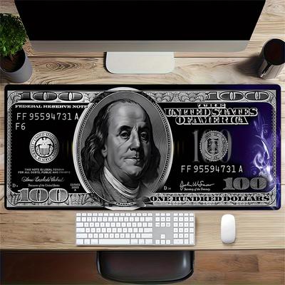 1pc Large Gaming Mouse Pad, UV Reactive Non-Slip Desk Mat, Washable Polyester Benjamin Franklin Dollar Computer Pad with Vibrant Game Machin