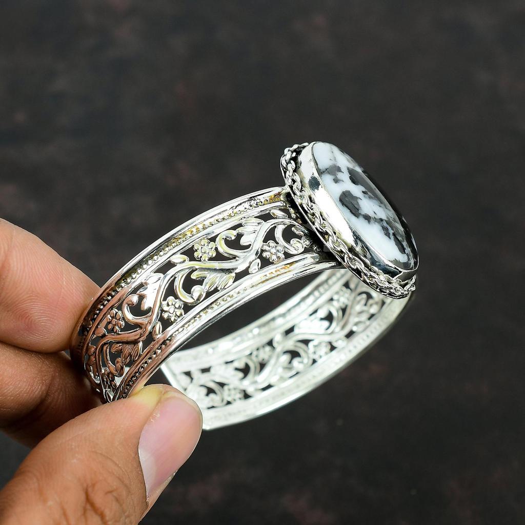 White Buffalo Turquoise Cuff Bracelet Gemstone Jewelry 925 Sterling Silver Bangle Handmade Adjustable Cuff Birthstone Jewelry Gifts For Him