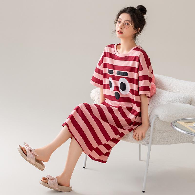 7A Women's Antibacterial Cotton Nightgown, Short Sleeve, Plus Size, Medium Length, Versatile for Outdoor Wear, Sweet Summer Home Dress