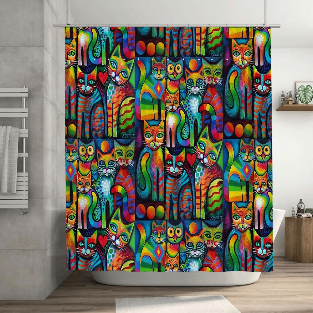 Colorful Cat Shower Curtain Cute Kitten Bathroom Decor Washable Fabric Liner Artistic Pet Lover Gift Home Decoration Modern Styl