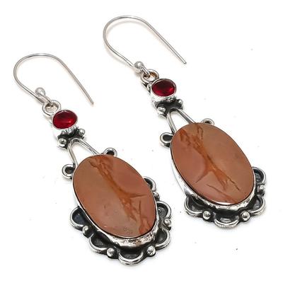 Natürlicher Maligano Jaspis, Granat Edelstein 925 Sterling Silber Ohrring 2,48" g9V08