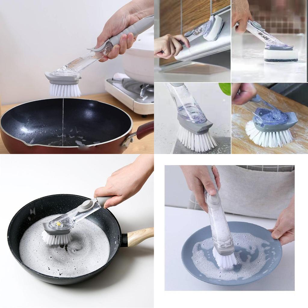 Premium Automatic Liquid Dispensing Long Handle Pot Cleaning Brush With Non-stick Features For Effortless Kitchen Cleaning