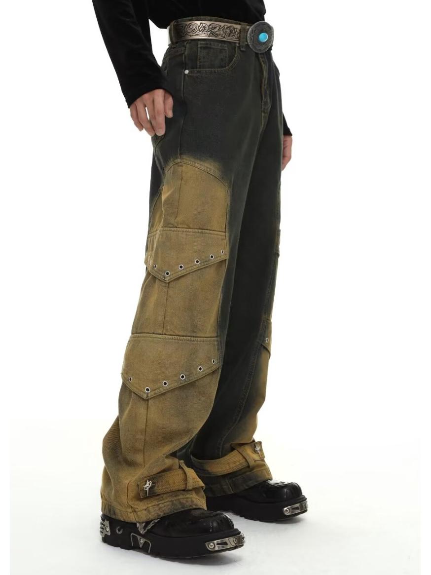 

Контрастные джинсы унисекс в стиле ретро-пэчворк — американский стиль, широкие штанины в стиле хип-хоп XL синий