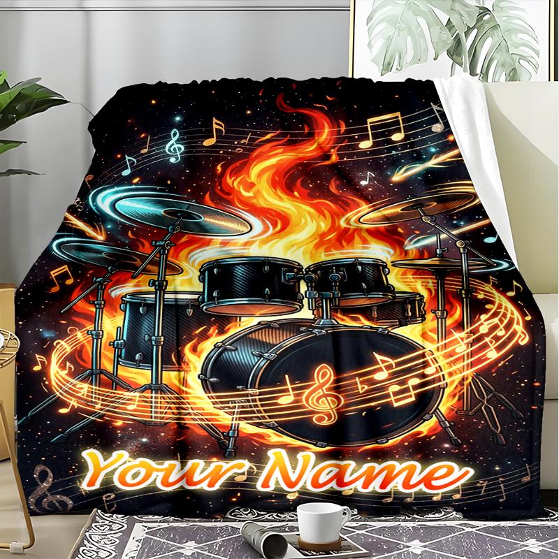 1PC Custom Name Drum Set Music flannel blanket versatile,all-season throw suitable for the living room,bedroom,camping,travel,and gift