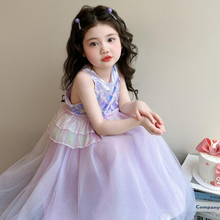Elsa Sequin Mesh Sleeveless Midi Dress - 2026 Fairy Princess Summer Gown for Girls 90cm фиолетовый