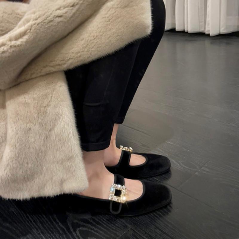 rhinestone buckle mary janes shoes woman japanned leather & flock ballet flats 41-43 big size ankle belt loafers for women