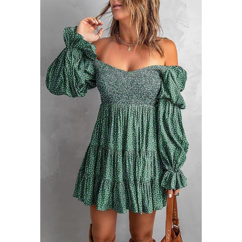 YYFS Women's Fashion Spring Fall Solid Color Print Long Sleeve One Shoulder Middle Waistline Casual Dresses