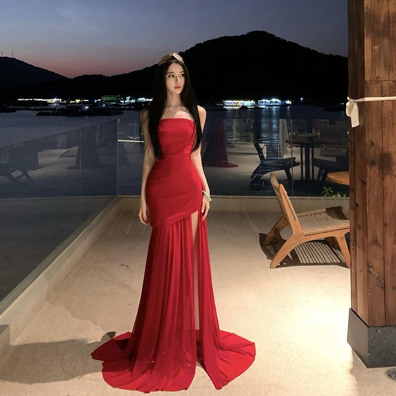 

French Port Retro Temperament Red Tube Top Dress Skirt Women s Christmas Wear Temperament Mesh Dinner Party Annual Meeting Dress S красный