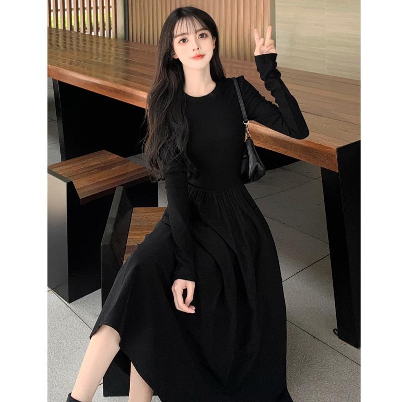 French Hepburn style hollowed-out knitted long-sleeved dress for women's spring and autumn new temperament slim and slim skirt