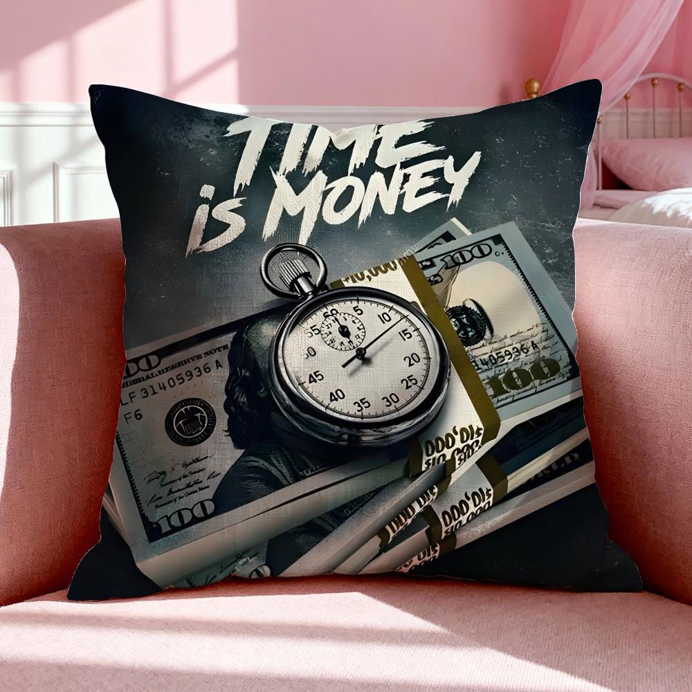 Slogan TTime is Money Cushion Cover Breathable Linen Pillowcase Summer Odorless EcoFriendly Invisible Zipper Washable