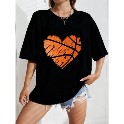 T-shirt Bianca Oversize con Stampa di Pallacanestro e Cuore Arancione per Uso Casual