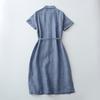 2025 summer new ramie front half open buckle waist strap Polo collar short sleeve solid color medium and long dress women