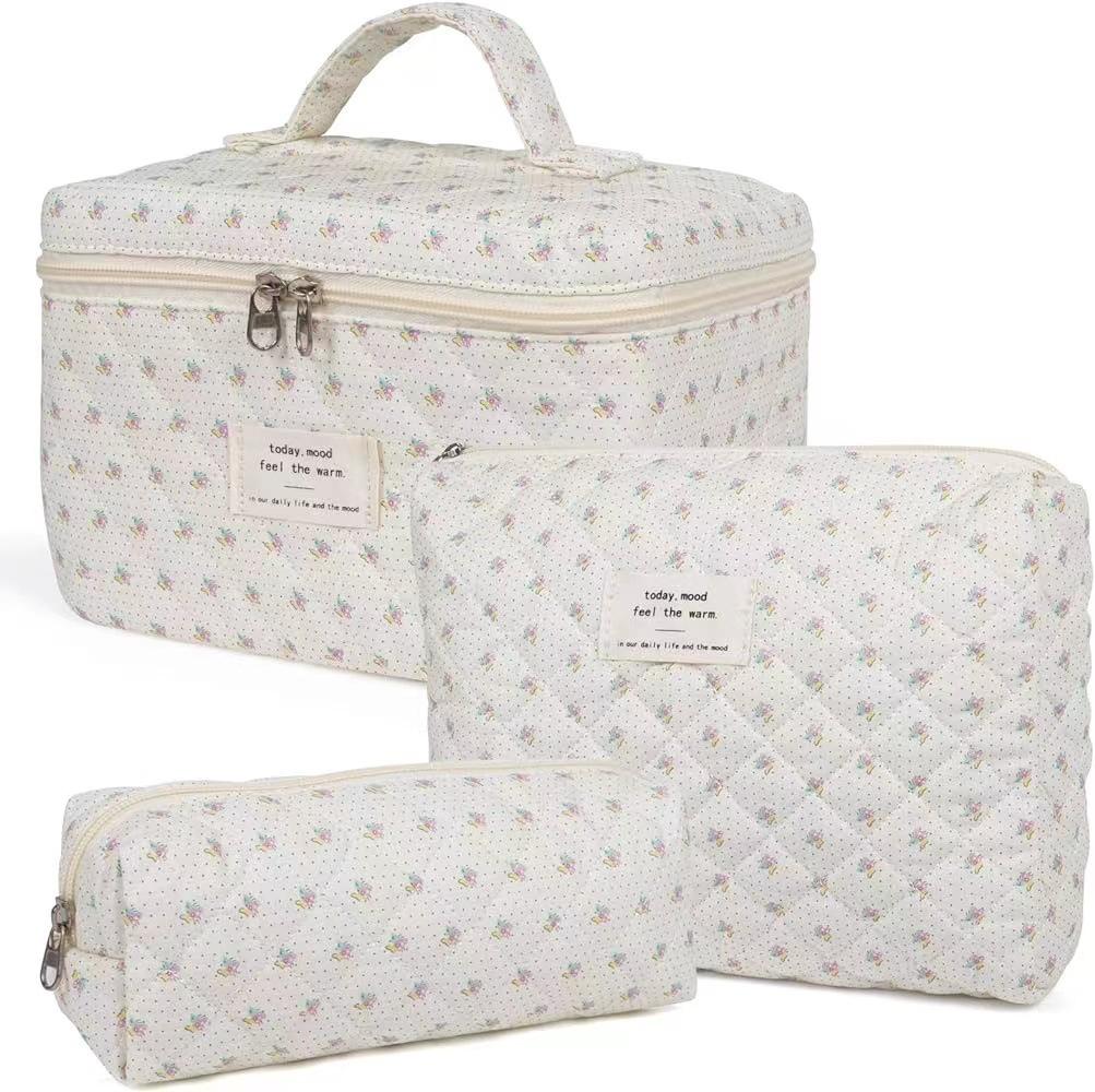Large-Capacity Quilted Cotton Floral Makeup Bag - Portable and Cute for Travel or Student Use