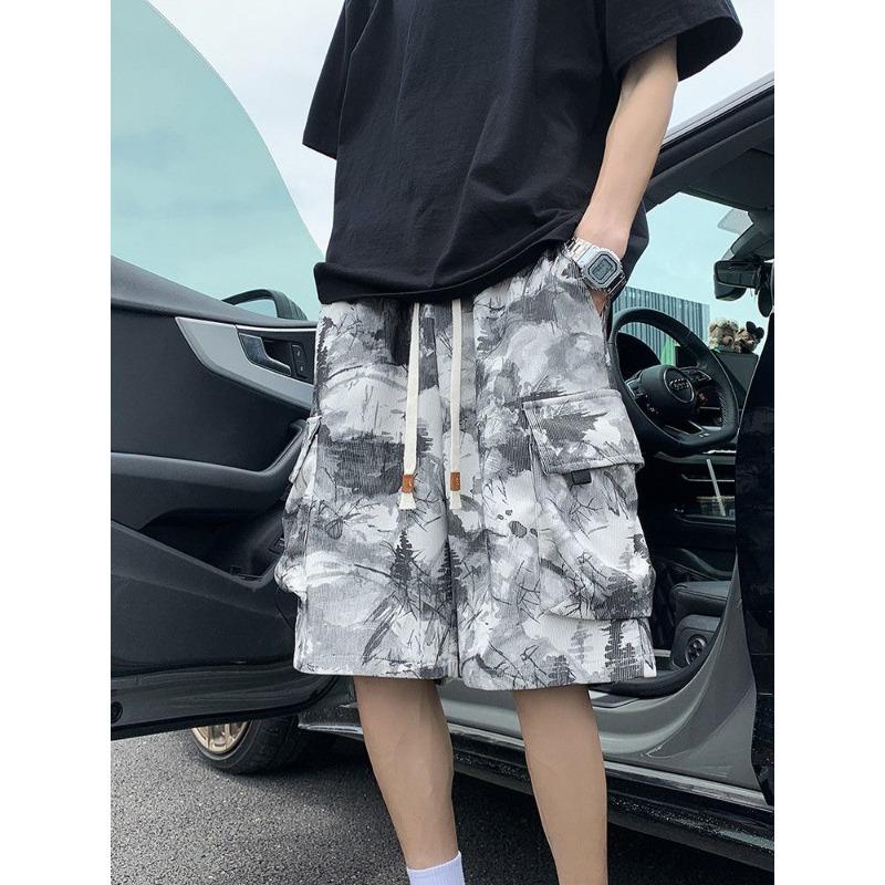 Mens Abstract Print Drawstring Casual Loose Fit Shorts S белый