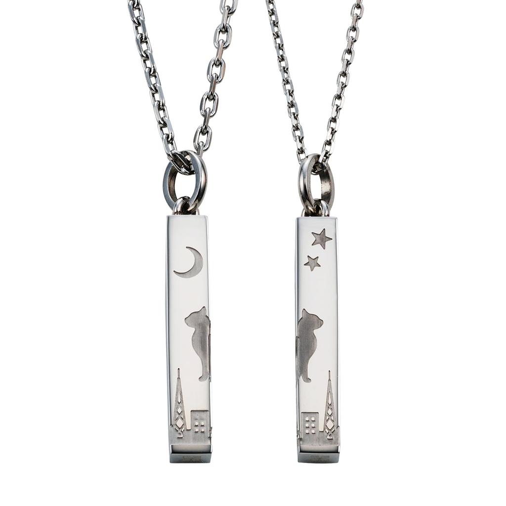 Pair Necklace Surgical Stainless Steel Cat Moon Star Heart Tail Shared Heart Silver Silver [White Clover] & 4SUP105SV&4SUP106SV