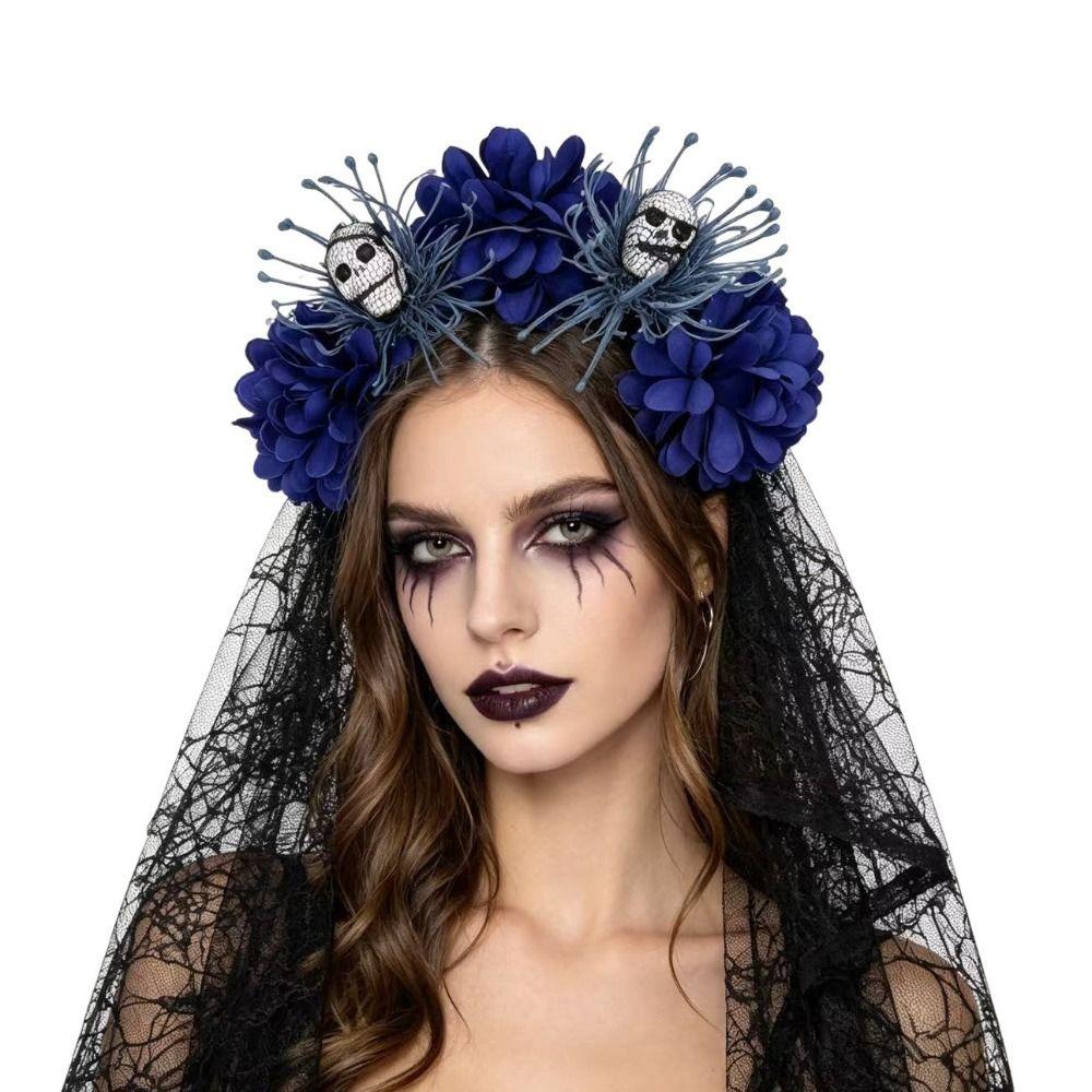 Sheer Mesh Skull Headband Dark Purple Skull Headwear Stylish Floral Veil Headband Halloween Party