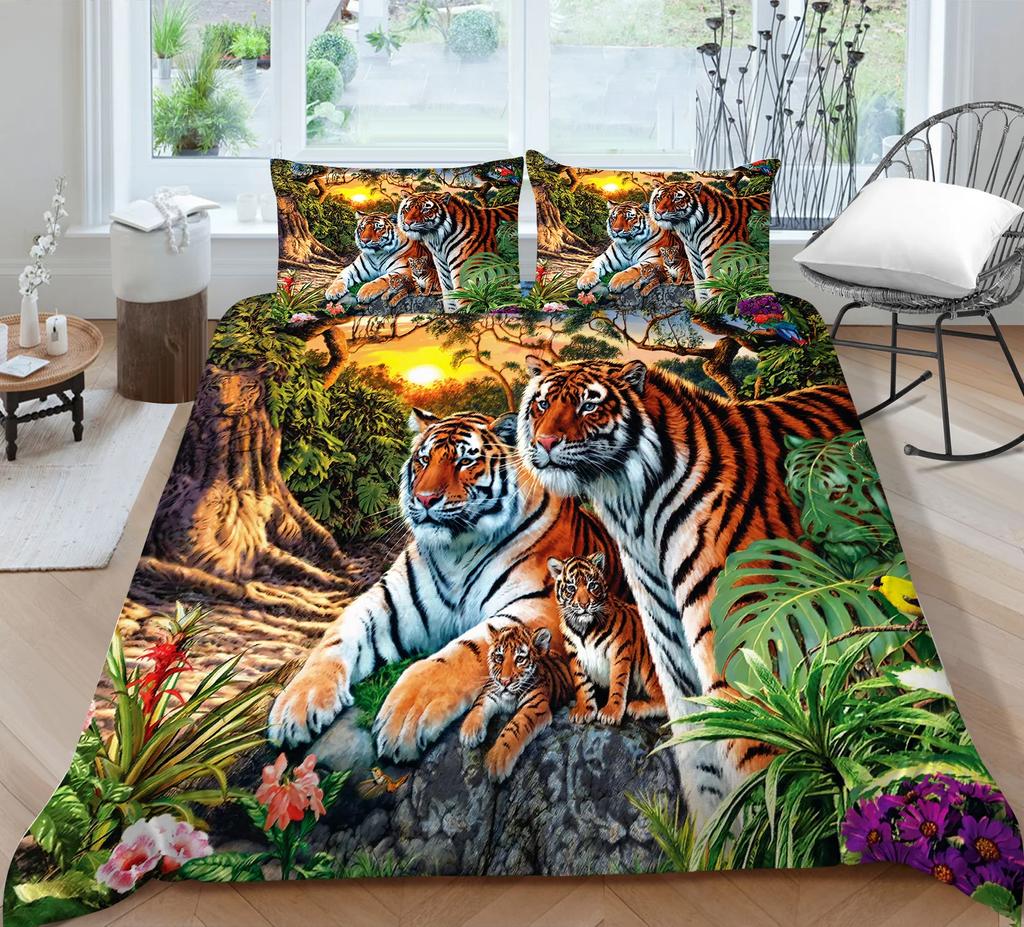 3D Bedding Set Black Duvet Quilt Cover Set Comforter Cover Pillowcase King Queen Size Animal Tiger Printed Polyester Quilt Cover