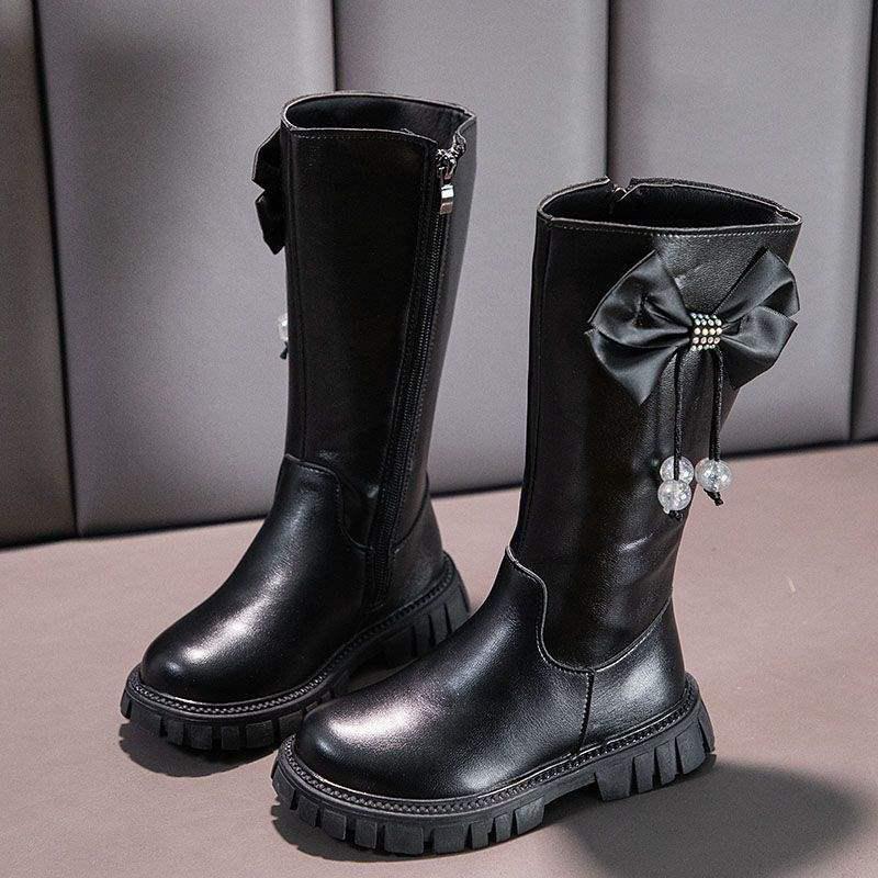 Girls' Black Bowknot Knee-High Leather Boots with Side Zipper, Plus Velvet, Soft Sole—Perfect for Autumn and Winter.
