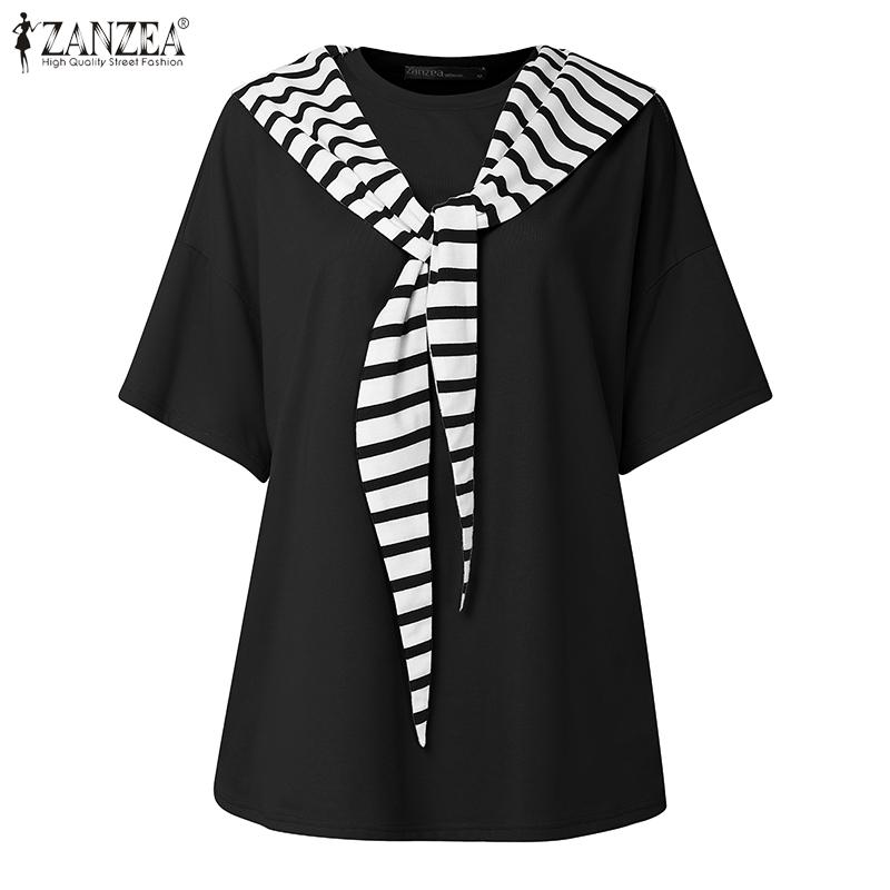 

ZANZEA Women Short Sleeve Striped Patchwork Casual Loose Cape Blouse M чёрный